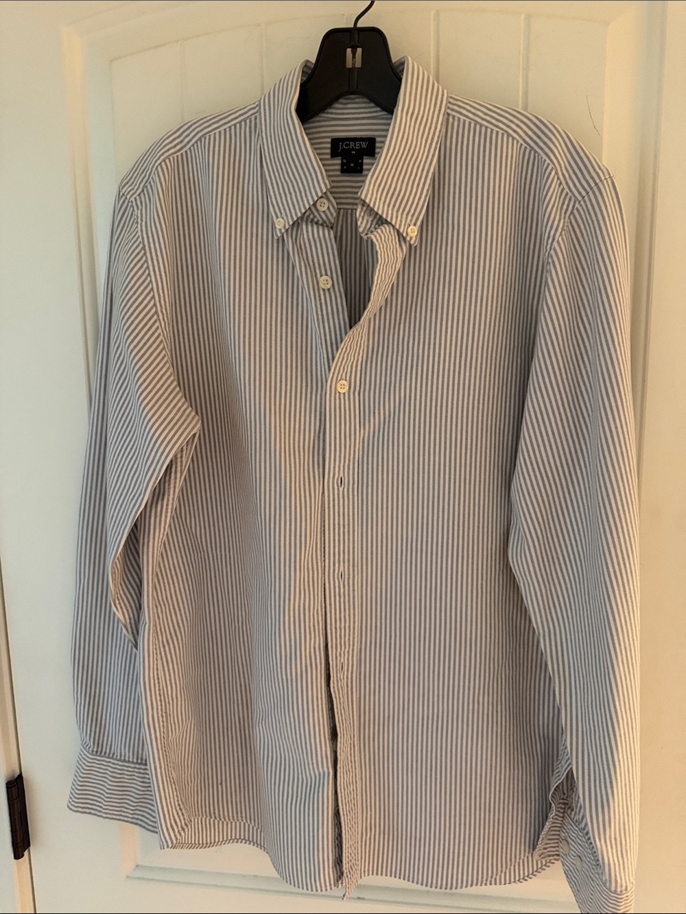 J. Crew Men's White and Blue Vertical Stripe Button-Down Shirt